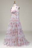 Ballkleid mit Spaghettiträgern in A-Linie mit Fliederblumen und Print