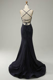 Marineblaues trägerloses herzförmiges perlenbesetztes Ballkleid mit Schlitz